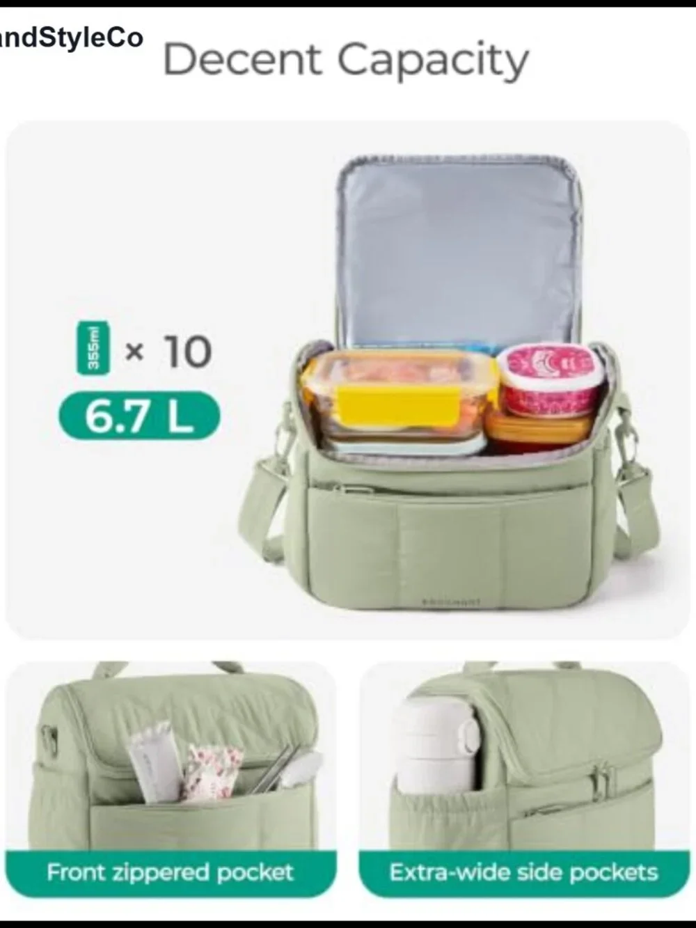Insulated Quilted Lunch Bag Crossbody Tote PEVA Lining 6.7L Work Picnic